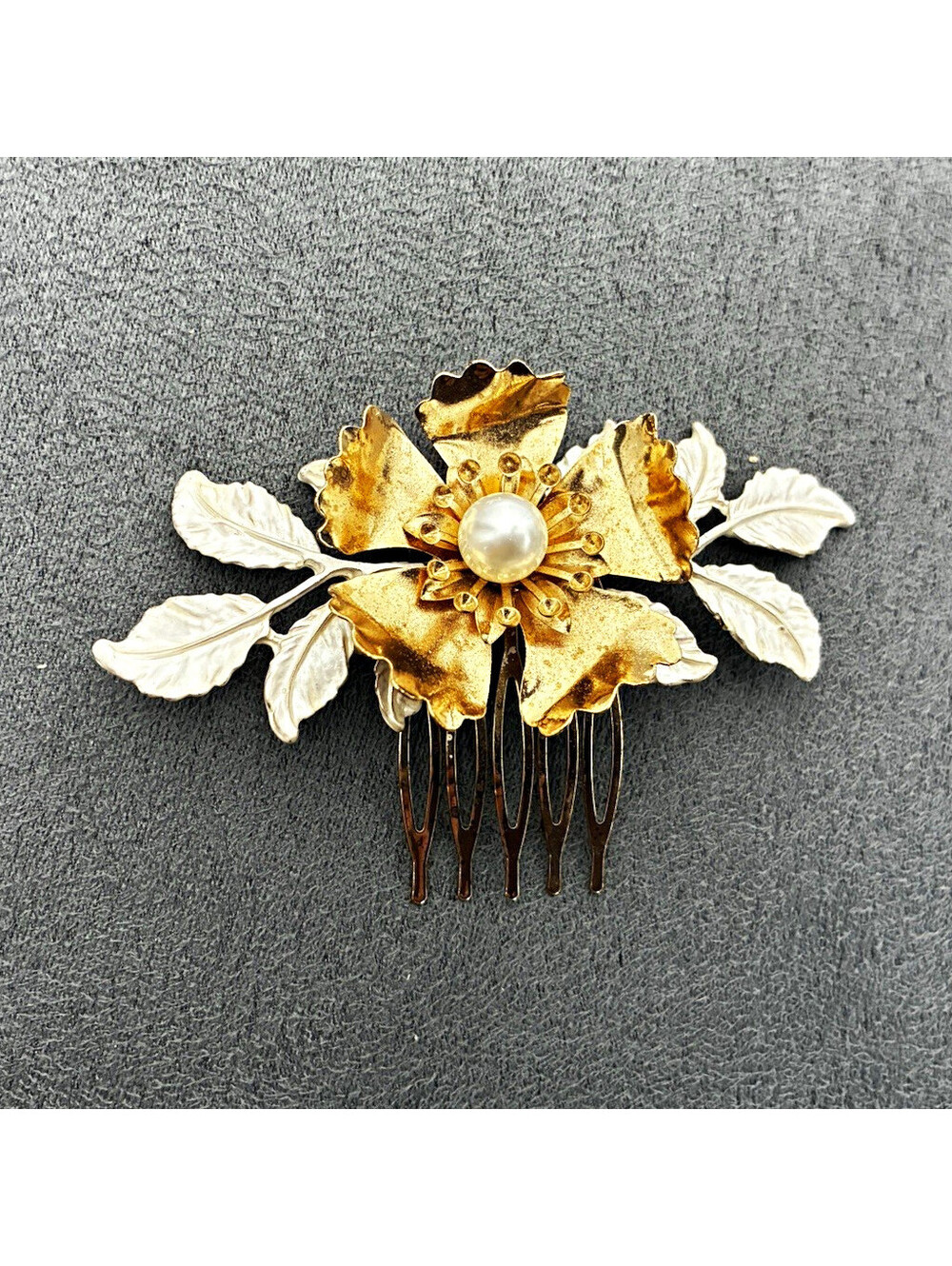 Gold & Silver Tone Flower Hair Comb Pearl Center Wedding Bridal Accessory